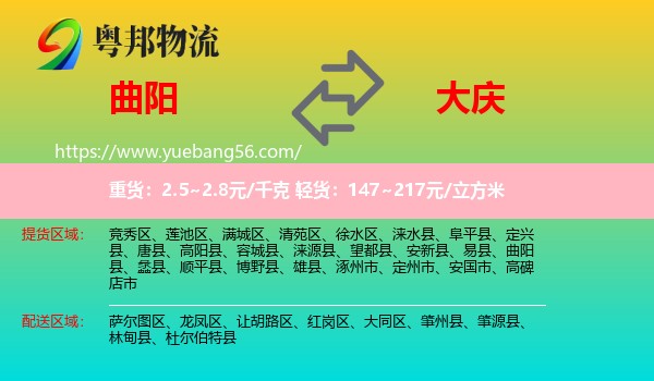 曲陽縣到大慶物流