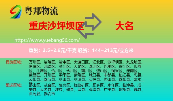 沙坪壩區(qū)到大名縣物流