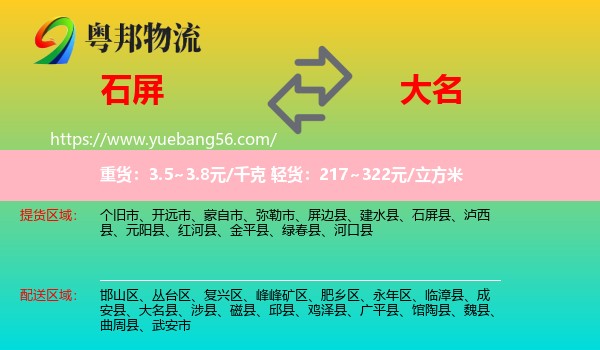 石屏縣到大名縣物流